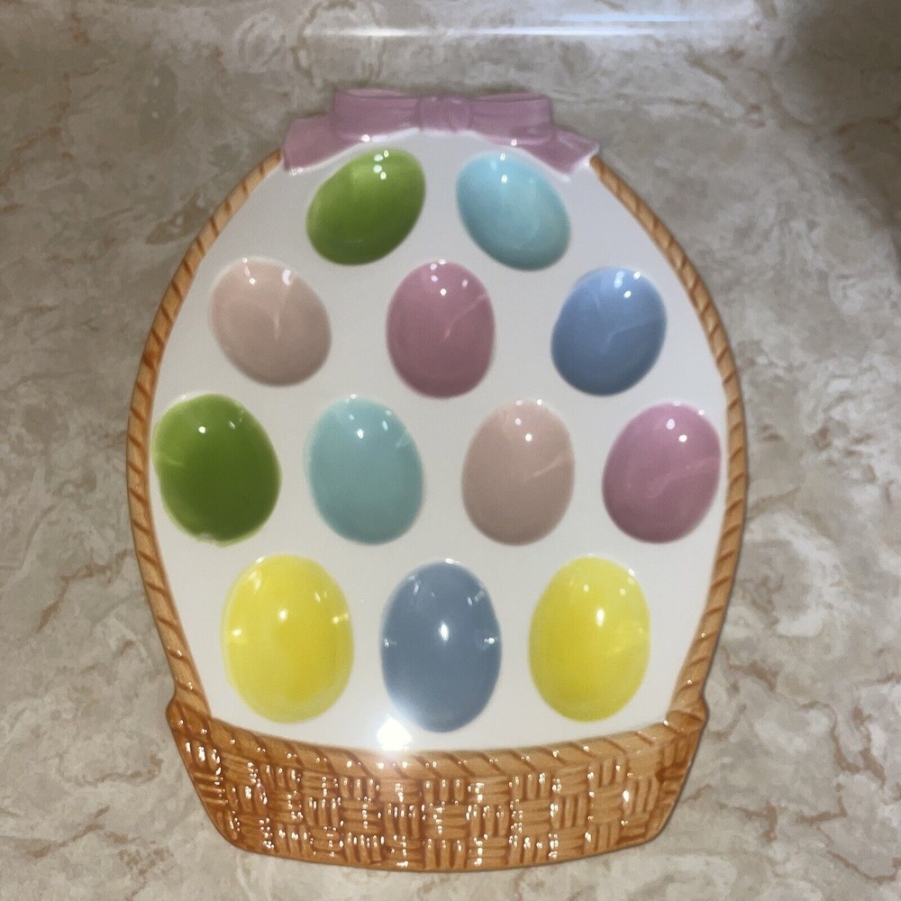 Vintage Enesco Deviled Egg‎ Tray Pastel Basket With Bow Easter